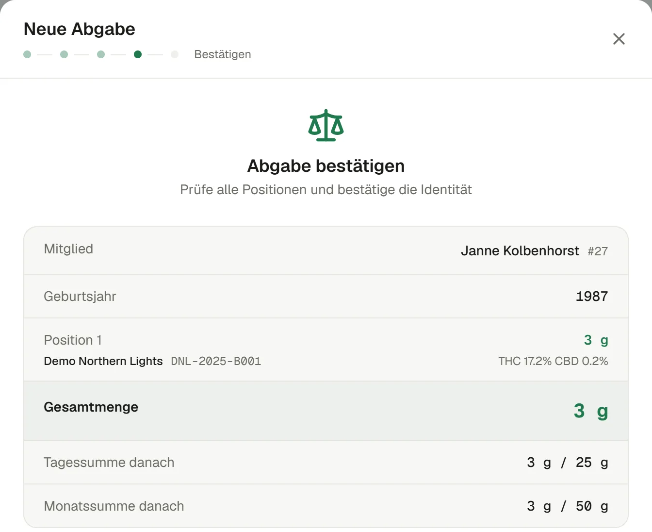 Bestätigungsschritt einer Abgabe in TERPIO: Mitglied, Geburtsjahr, eine Position mit Sorte, Charge, THC- und CBD-Gehalt, Gesamtmenge 3 Gramm sowie die Zeilen „Tagessumme danach 3 g / 25 g“ und „Monatssumme danach 3 g / 50 g“.